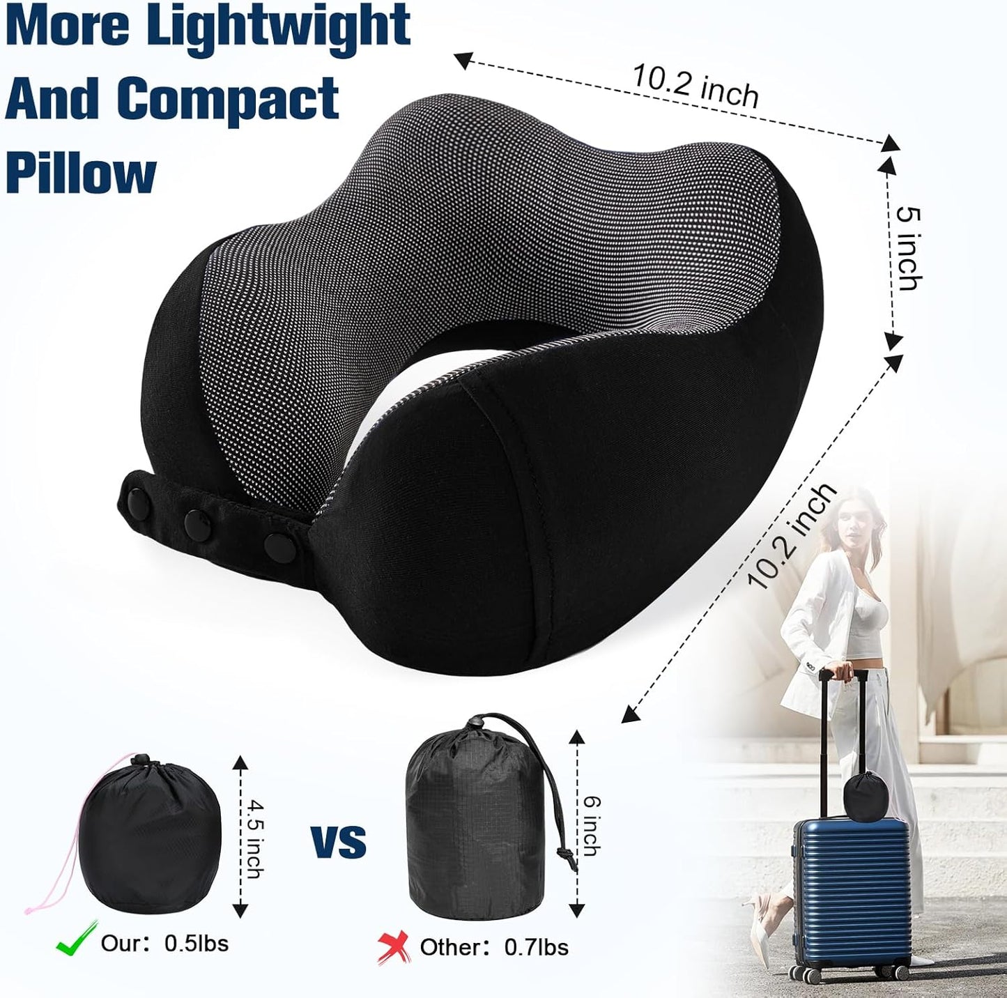 Cirorld Neck Pillow for Traveling, Travel Pillows for Airplanes,100% Pure Memory Foam Travel Neck Pillow, Adjustable Flight Pillow, Portable Plane Accessories with Eye Mask, Earplugs, Carry Bag
