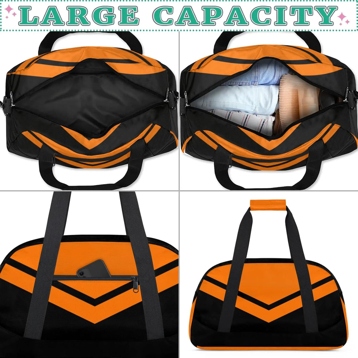 Sports Duffle Bags Orange Travel Duffle Bag Waterproof Gym Weekender Overnight Carry On Bag for Dance, Yoga