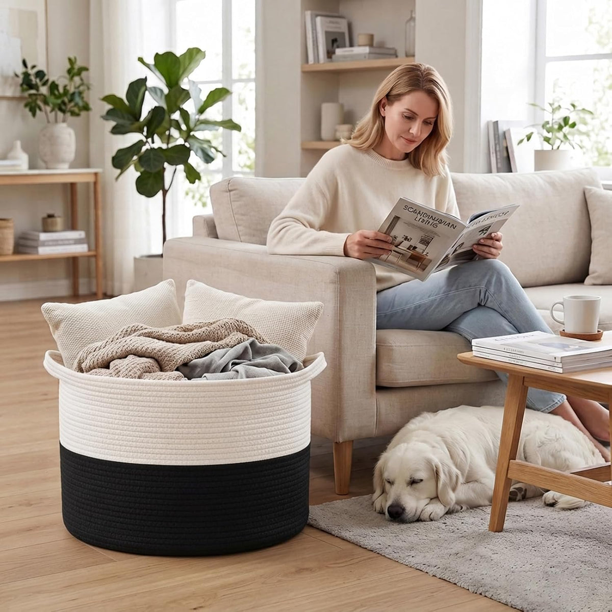 65L Large Blanket Basket,Woven Rope Laundry Basket-White&Black | Collapsible, reinforced handles, nursery storage bin organizes clothes, toys and pillows for living room, bedroom bathroom