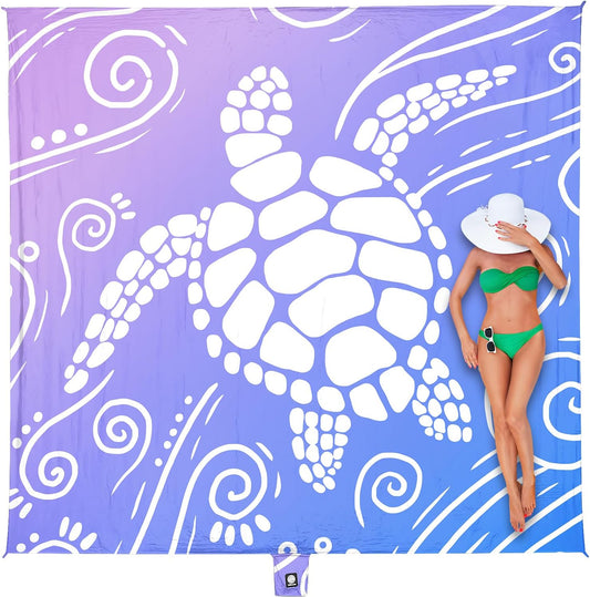 WEKAPO Beach Blanket Waterproof Sandproof Oversized Extra Large Sand Free Beach Mat with Stakes, Storage Bag - Essentials for Outdoor Beach, Picnic (Blue Purple Sea Turtle, 8 X 7 FT (1~4 Person))
