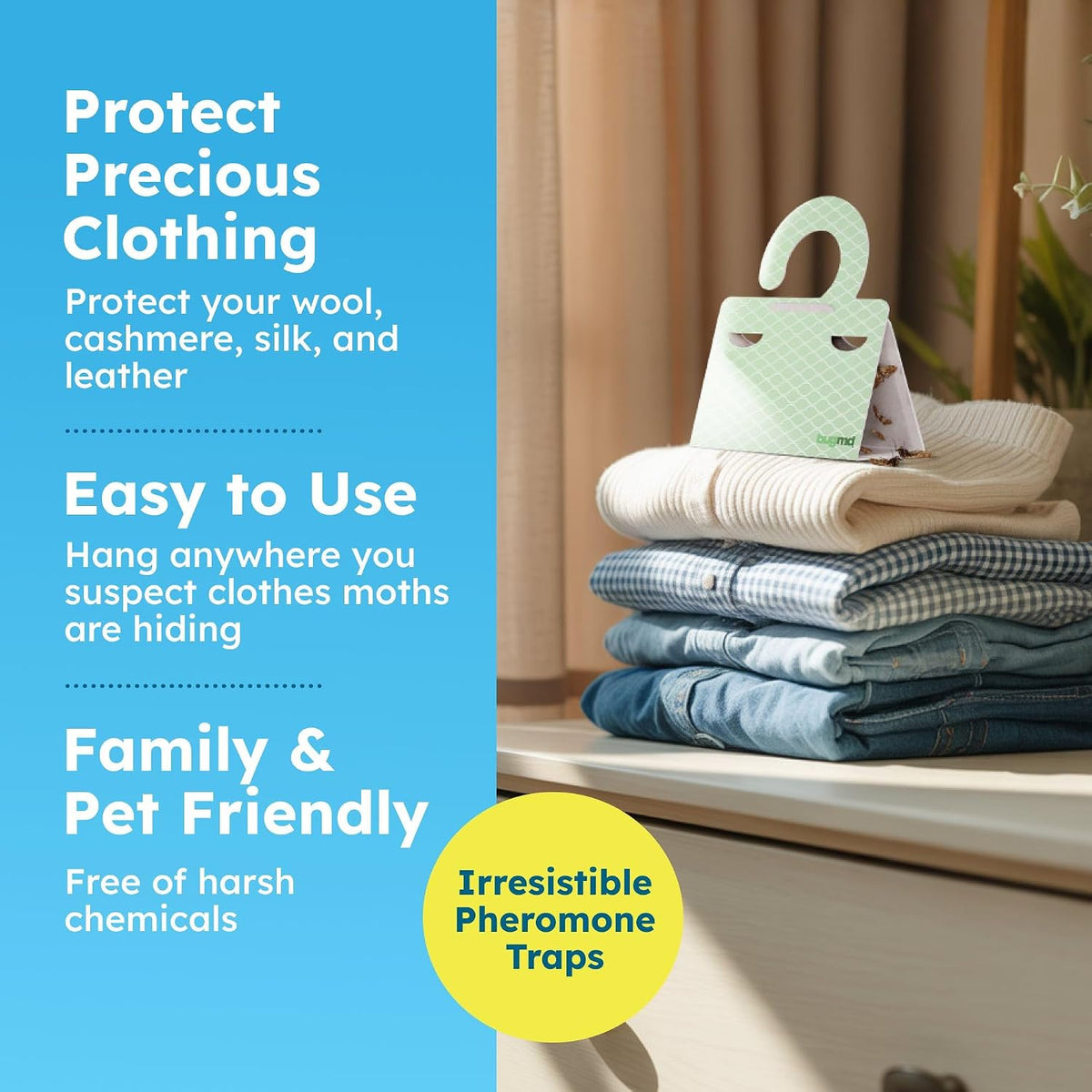 BugMD Clothes & Pantry Moth Traps with Sticky Glue | Pheromone-Based Non-Toxic Repellent for Closets, Cabinets and Wardrobes | 6 Count, Green