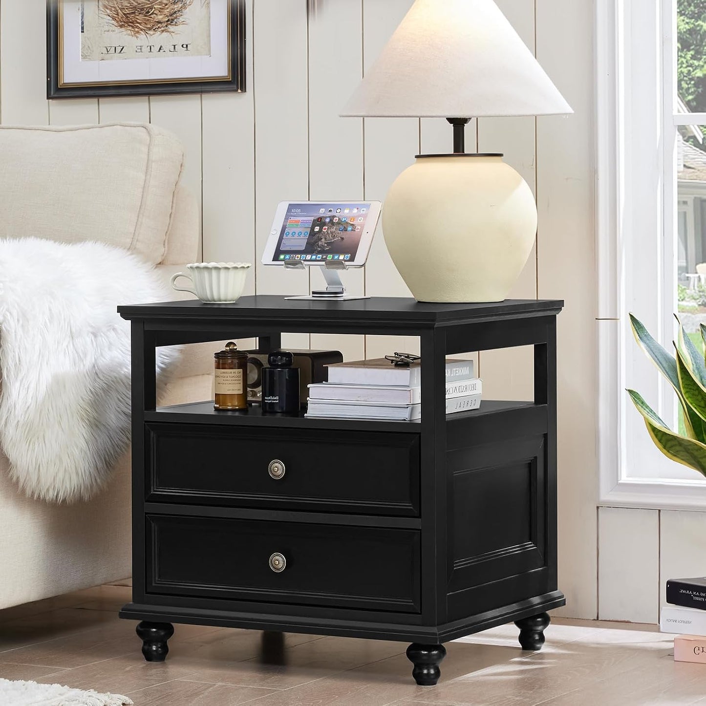 Joaxswe 24" Wide Farmhouse Night Stand,Large End Table with 2 Drawers & Metal Handle,Wood Dresser for Bedroom, Black Bed Side Table Chest of Drawers Cabinet,Nightstand for Living Room,Closet