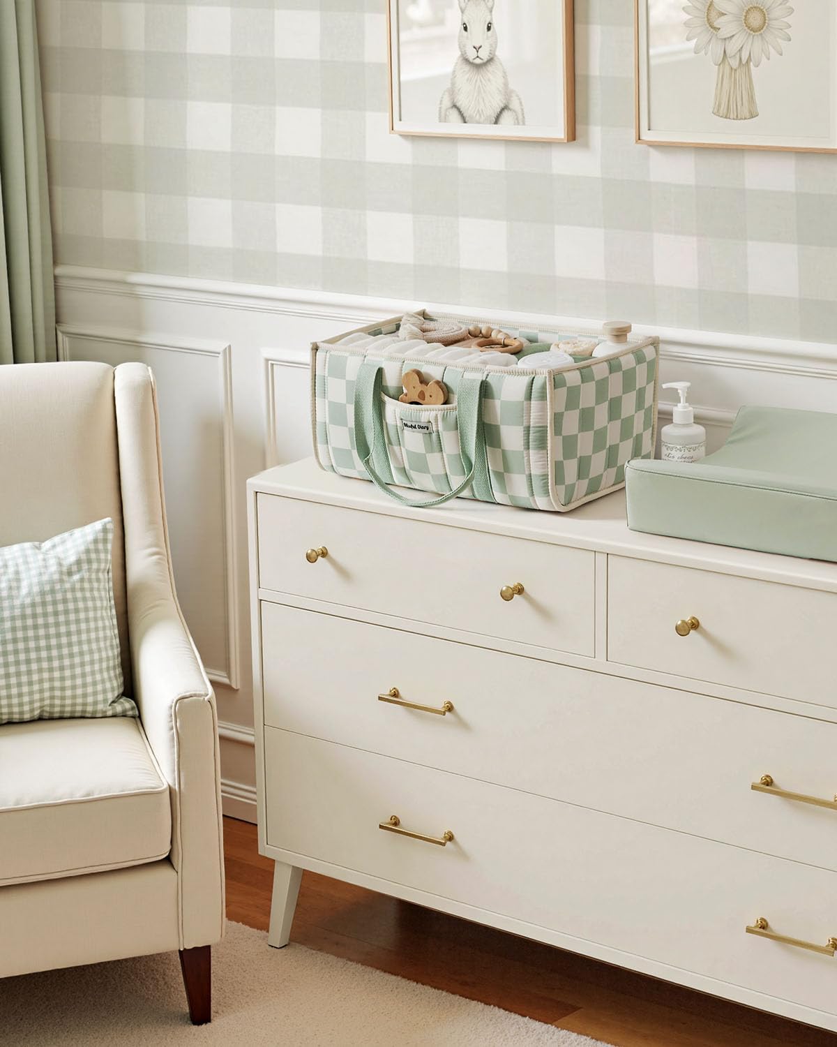 Blissful Diary Checkered Diaper Caddy Organizer, Stylish Nursery Storage Basket, Gift for Baby Shower, Newborn Essentials, Registry Search Must Haves, Sage Green
