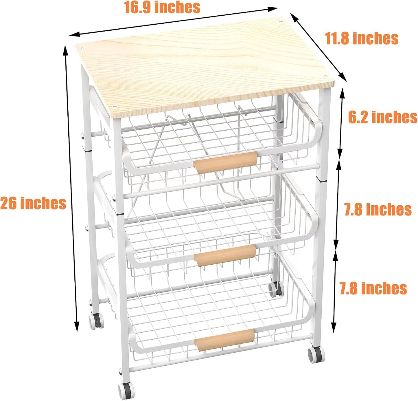 NiuYichee 4-Layer Fruit Basket Kitchen Food Storage Organizer and Storage Rack, Stackable Storage cart with Desktop, Pull-Out Hollow Metal Storage Basket, liding Out Storage,White