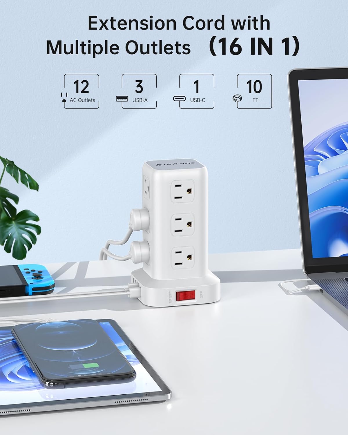 AnnTane Power Strip 10 FT Cord, Power Strip Tower with 4 USB Ports (1USB C), Extension Cord with 12 AC Multiple Outlets, Home Office Supplies Desk Accessories, Dorm Room Essentials