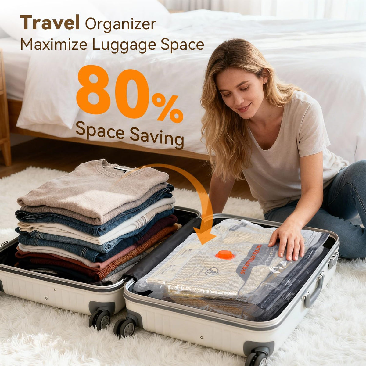 Vacuum Storage Bags for Travel with Rechargeable Air Pump, 12 Pack Space Saver Bags for Clothing, Luggage & Suitcase Compression, Efficient & Portable Storage Solution for Travel Essentials