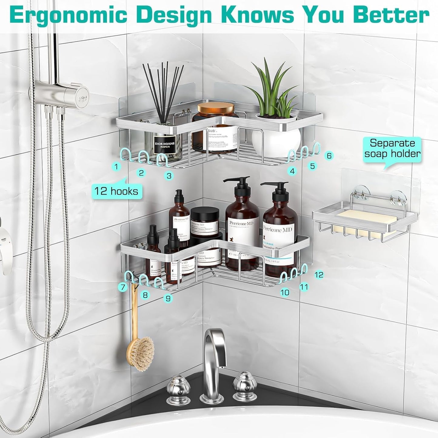 YASONIC Corner Adhesive Shower Caddy, with Soap Holder and 12 Hooks, Rustproof Stainless Steel Bathroom Organizer, No Drilling Wall Mounted Rack, Brushed Silver, 3-Pack