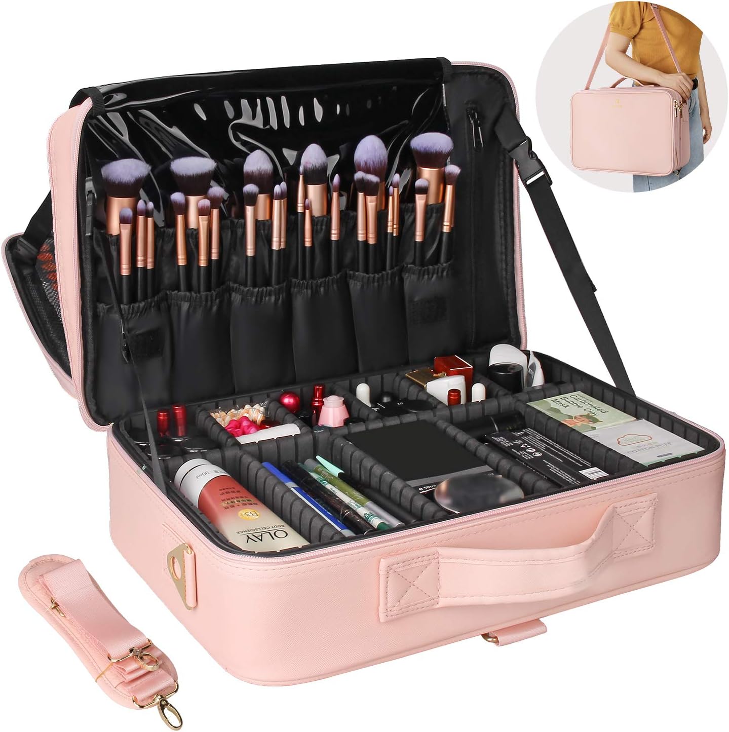 Relavel Makeup Case Extra Large Makeup Bag for Women Travel Makeup Artist Box Nail Polish Cosmetic Brush Storage Organizer with Adjustable Plastic Dividers Black