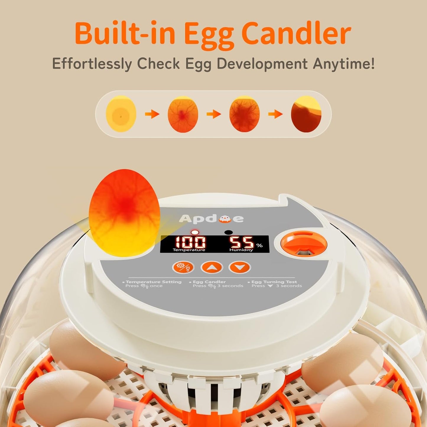 APDOE Egg Incubators for Hatching Eggs, Temperature and Humidity Control, Automatic Egg Turning, Egg Candler, External Water Bottle, Air Vent, for Chicken, Duck & Quail Eggs, 12 Eggs