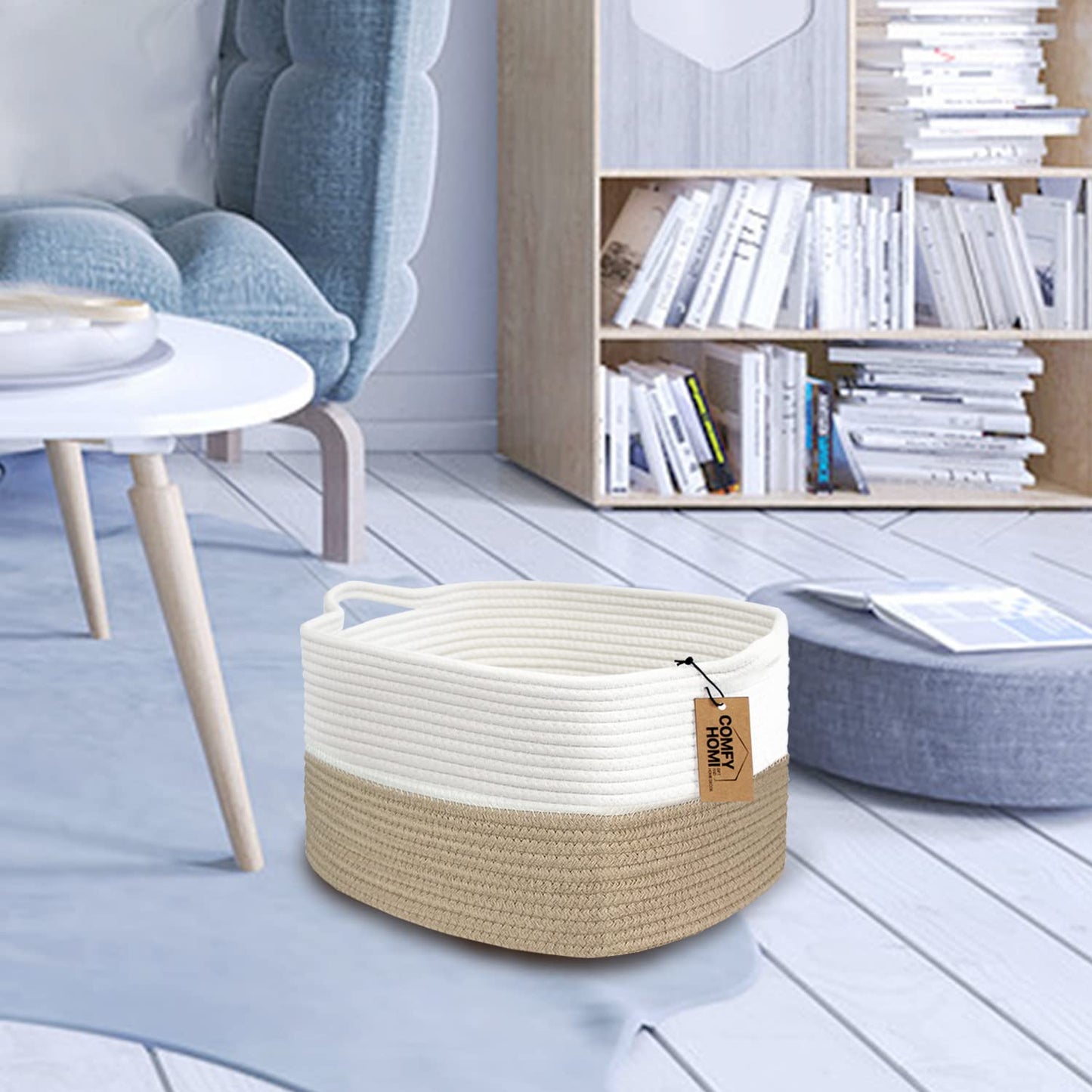 COMFY-HOMI Cotton Rope Woven Basket with Handles for Shelves,Toys,Book, Cloth Storage Baskets Bin for Organizing- 1 PCSToy Decorative Organizer for Living Room, Bathroom