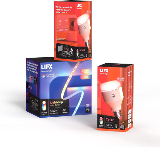 LIFX Lightstrip Bundle with 80" Color Smart LED Lightstrip and Two 1100 Lumen Smart Light Bulbs on E26 Base, 3 Piece Set