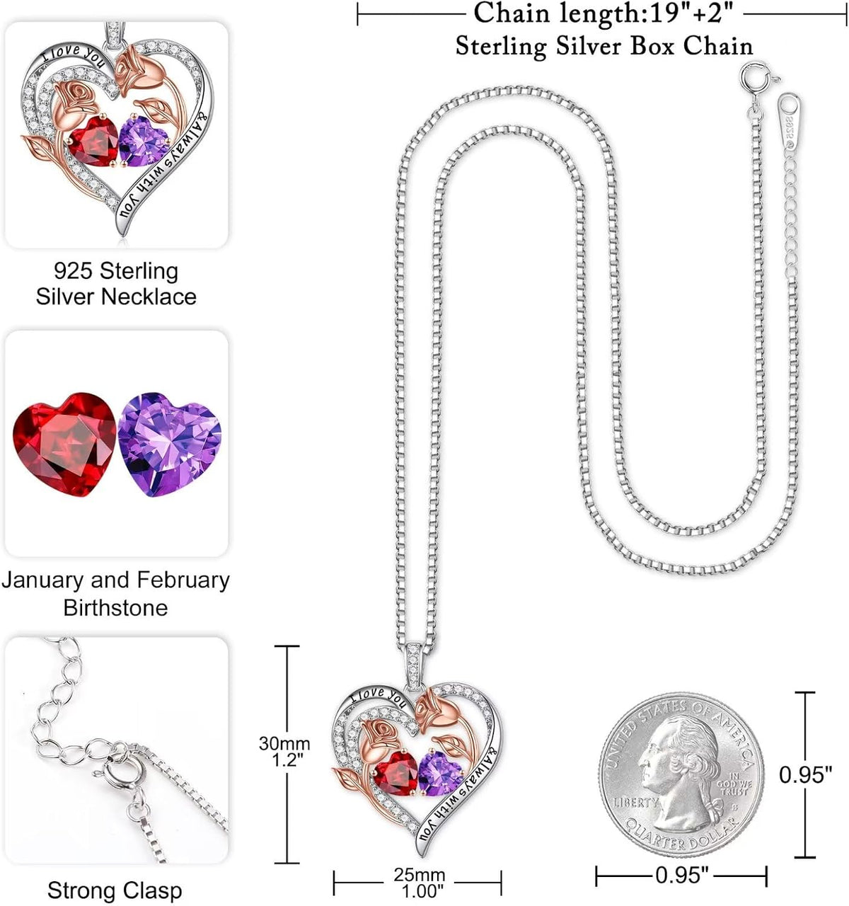 Iefil Birthstone Necklace for Women - Rose Heart Necklace