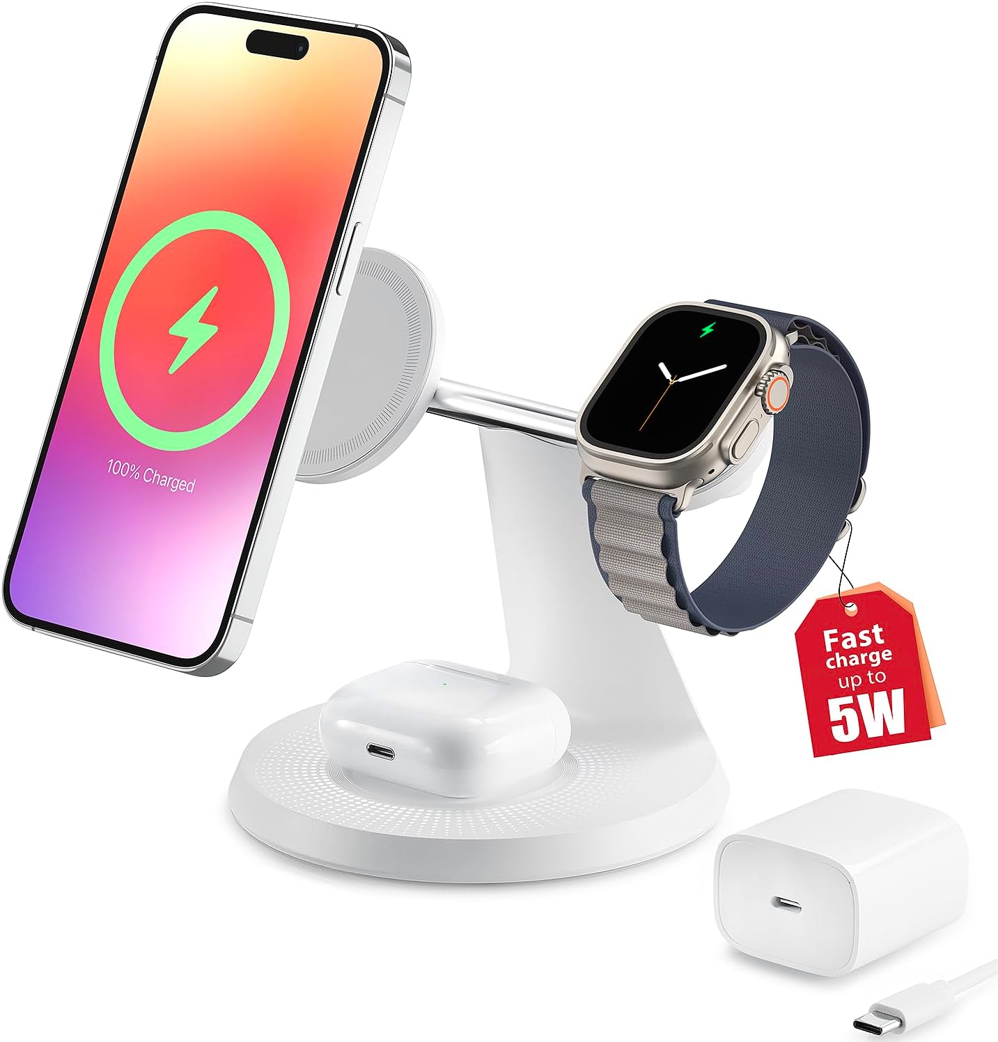 ZECHIN 3 in 1 Wireless Charging Station for Apple Devices with MagSafe | Charging for iPhone 17/Air/16/15/14/13, AirPods, Apple Watch, Weighted Stable Charging Stand, USB-C Adapter Included