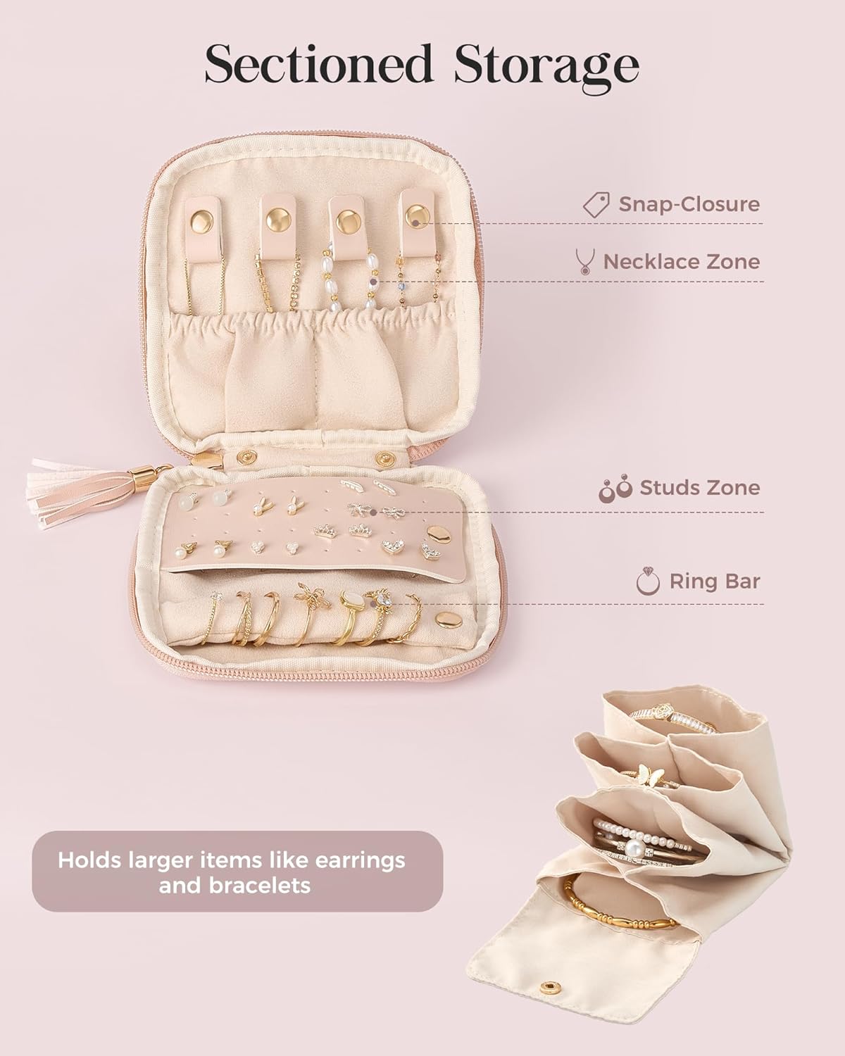 Lolalet Travel Jewelry Case Organizer, Small Jewellery Pouch with Compartments for Storage, Soft Velvet Bag for Traveling Women, Full-Zip Packing for Necklaces, Earrings, Bracelets -Apricotpink