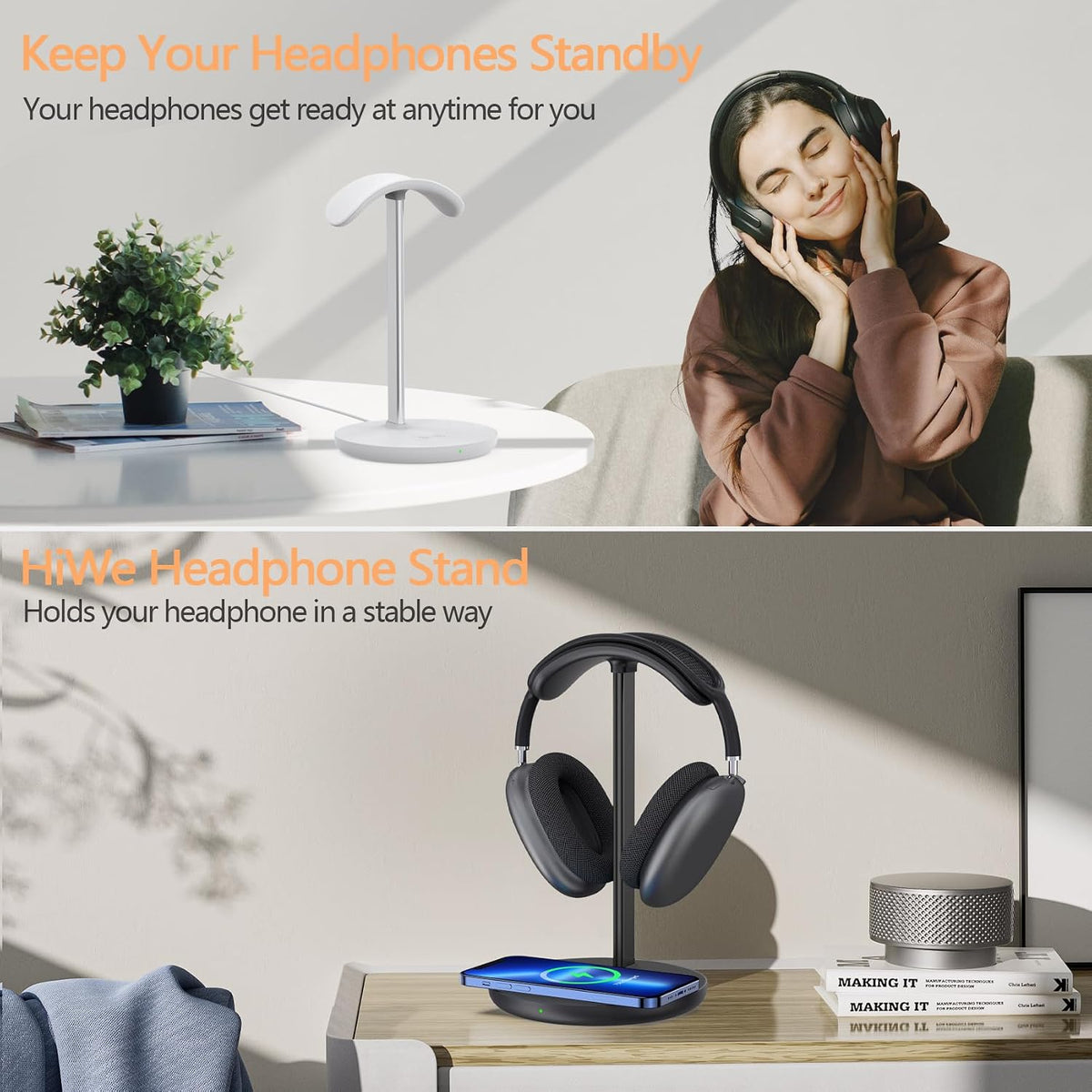 Hiwe Headphone Stand with Wireless Charger, Headset Holder for Desktop