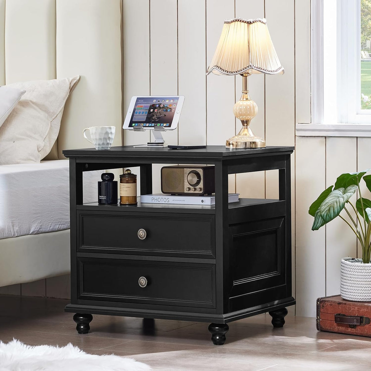 Joaxswe 24" Wide Farmhouse Night Stand Set of 2,Large End Table with 2 Drawers & Metal Handle,Black Wood Dresser for Bedroom, Bed Side Table Chest of Drawers Cabinet, Nightstand for Living Room,Closet
