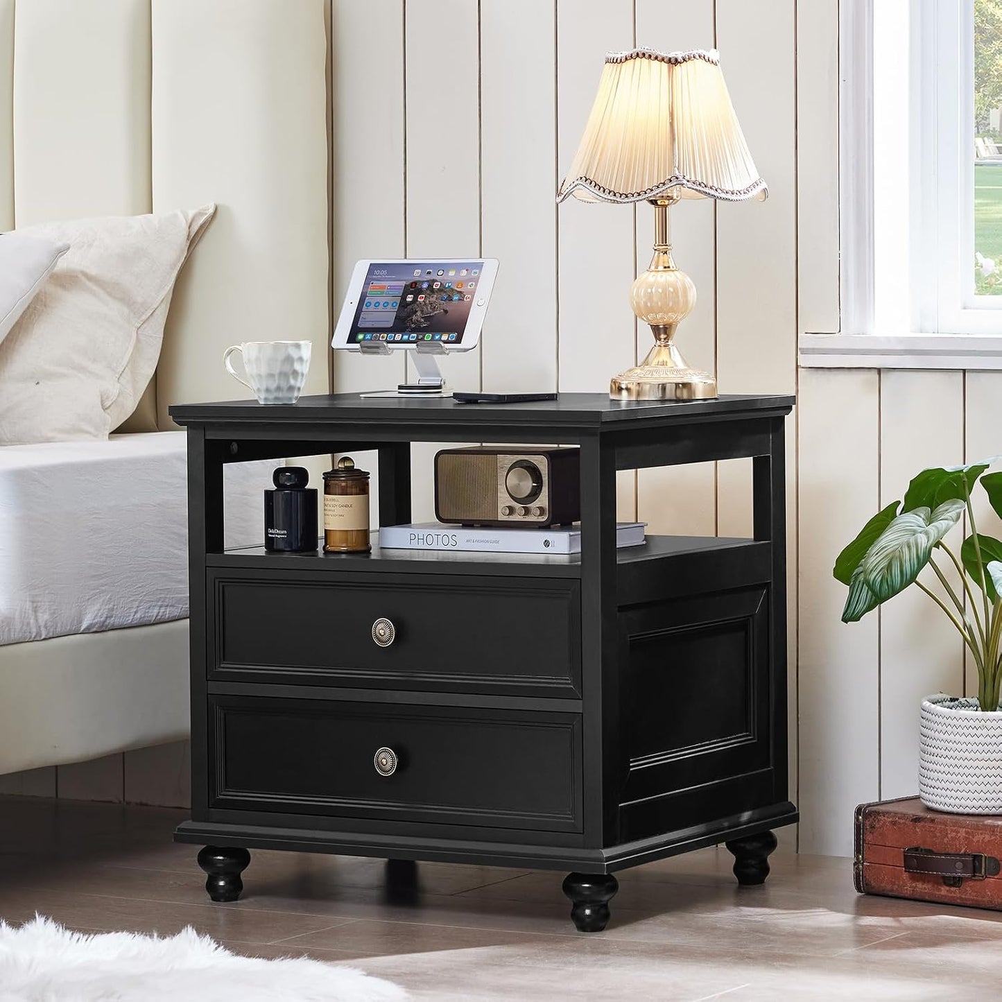 Joaxswe 24" Wide Farmhouse Night Stand,Large End Table with 2 Drawers & Metal Handle,Wood Dresser for Bedroom, Black Bed Side Table Chest of Drawers Cabinet,Nightstand for Living Room,Closet