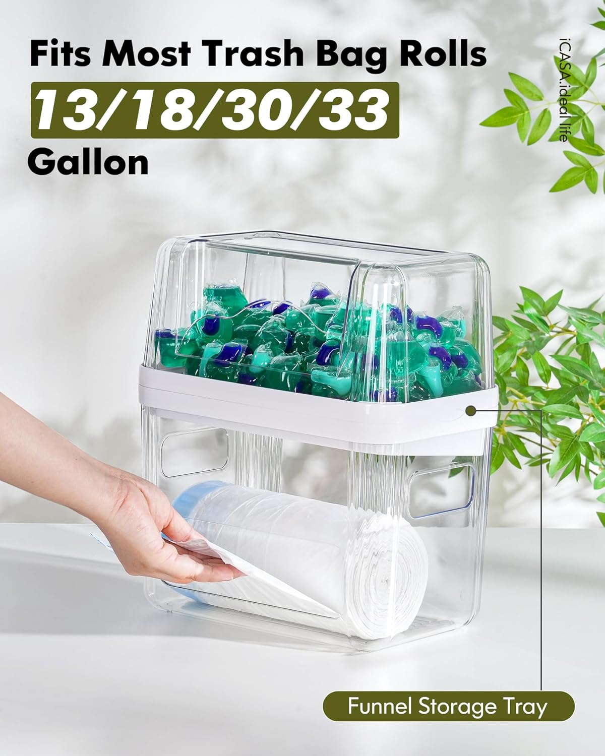 iCASA Trash Bag Dispenser and Dishwasher Pod Organizer, 3 in 1 Dish Pod and Trash Bag Holder Large Garbage Bag Dispenser, Laundry Detergent Pods & Tabs Container Kitchen Under Sink Organizer