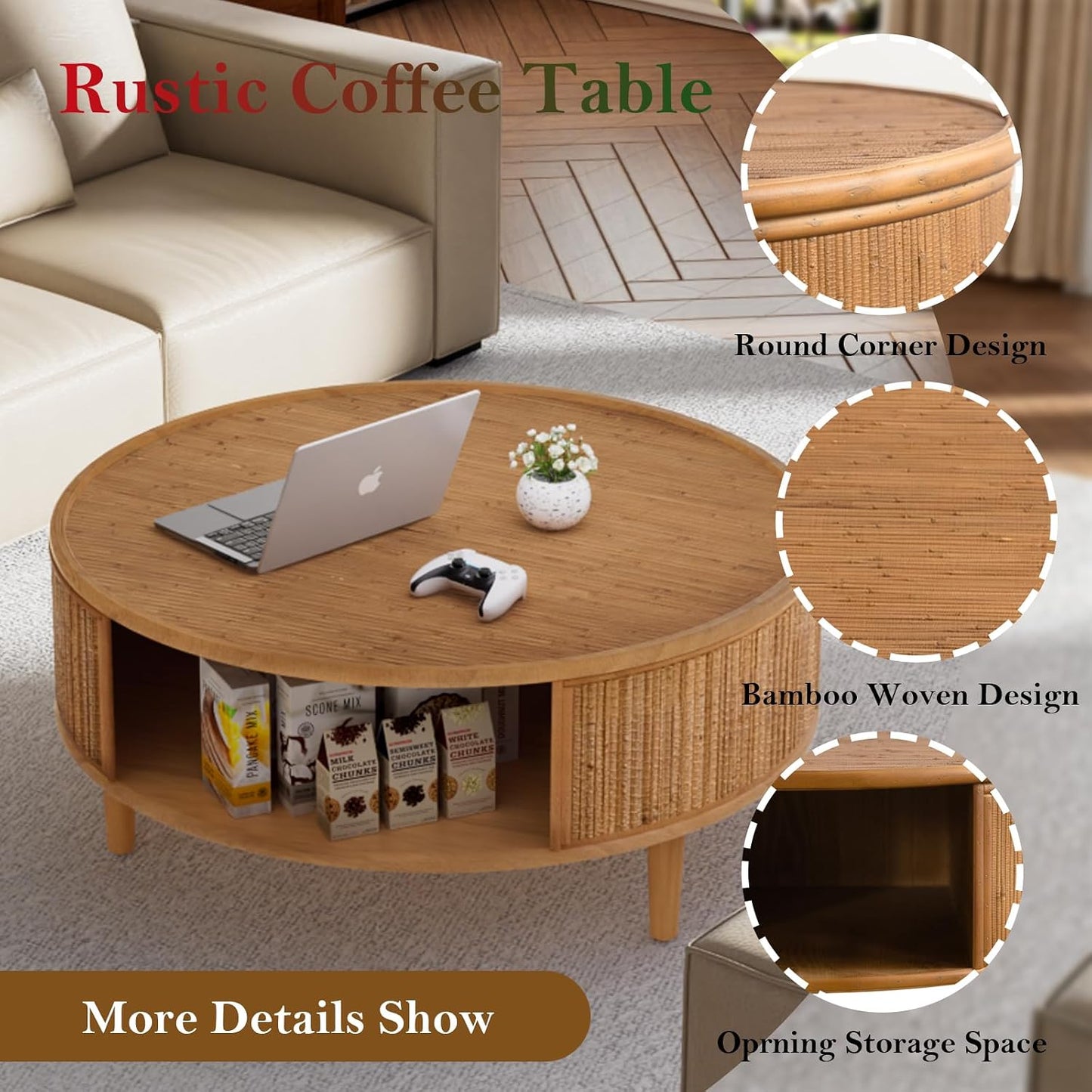 30.5in Rustic Round Coffee Table with Storage (Bamboo Woven 30.5in) | Circular Farmhouse Bamboo Center Tables with Anti-Skid Solid Wood Legs, for Living Room
