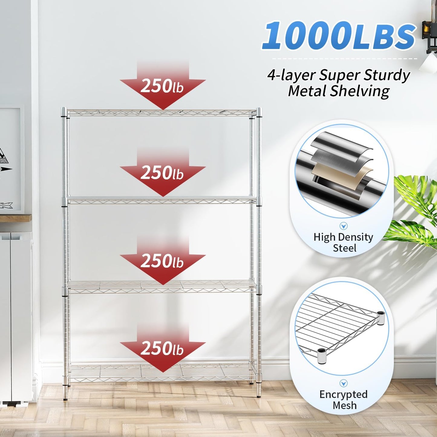 BestOffice | 4-Tier Wire Storage Shelves | 36x14x54 | Chrome | with Adjustable Racks | Heavy-Duty Metal Shelf, Holds Upto 1000 lbs | No-Tool Assembly | Ideal for Home & Garage Shelving