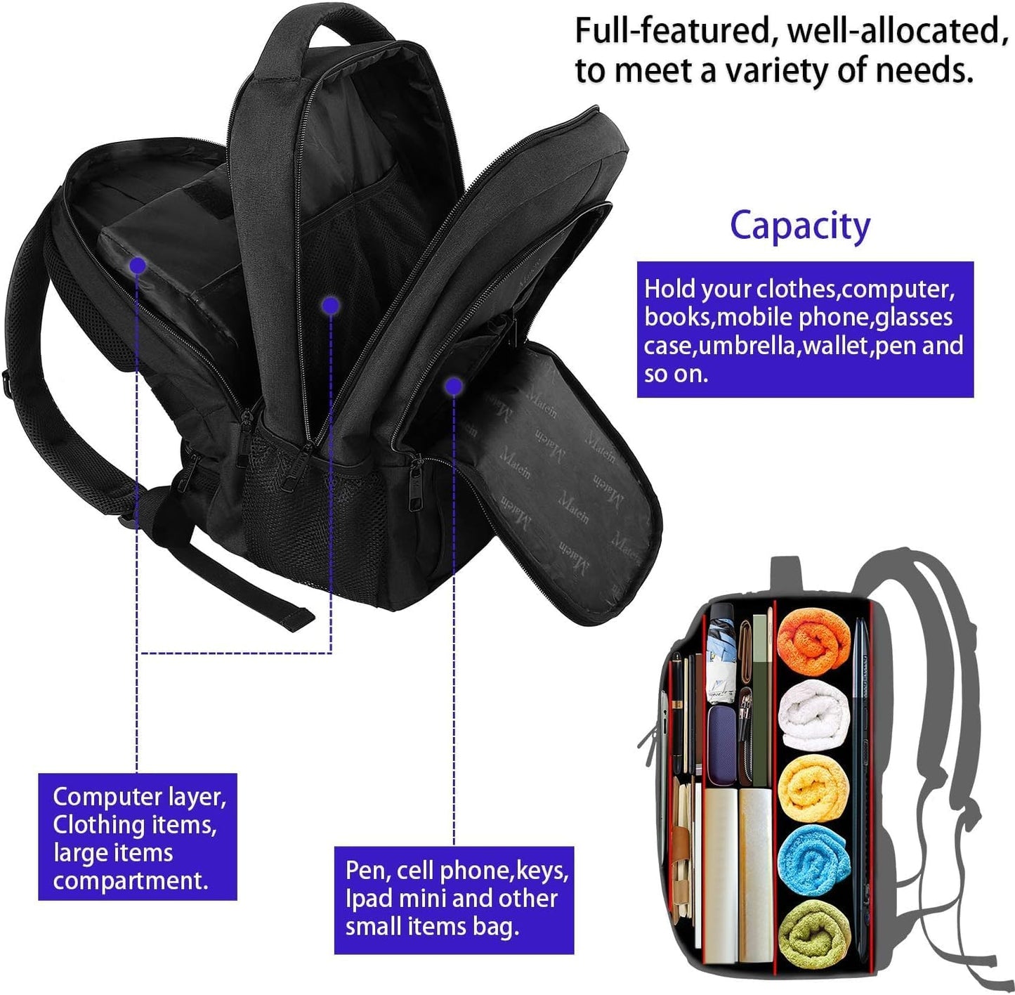 MATEIN Business Laptop Backpack, 15.6 Inch Travel Laptop Bag Rucksack, Water-Resistant Bag Daypack for Work College Computer Men Women Backpack, Black