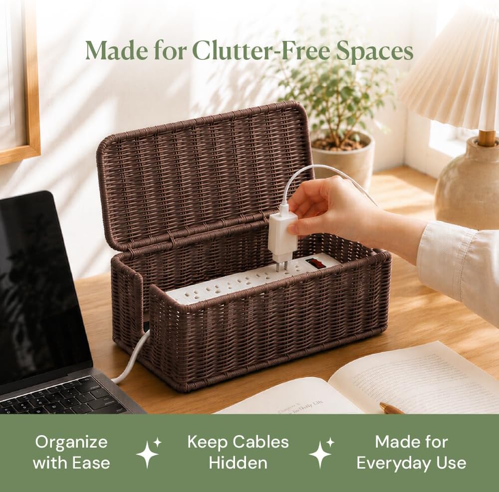 Cable Management Box, Handmade Rattan Cord Organizer for Power Strip | Open Slots Cord Hider for Power Strip, Router & USB Hub, Registered U.S. Design Patent
