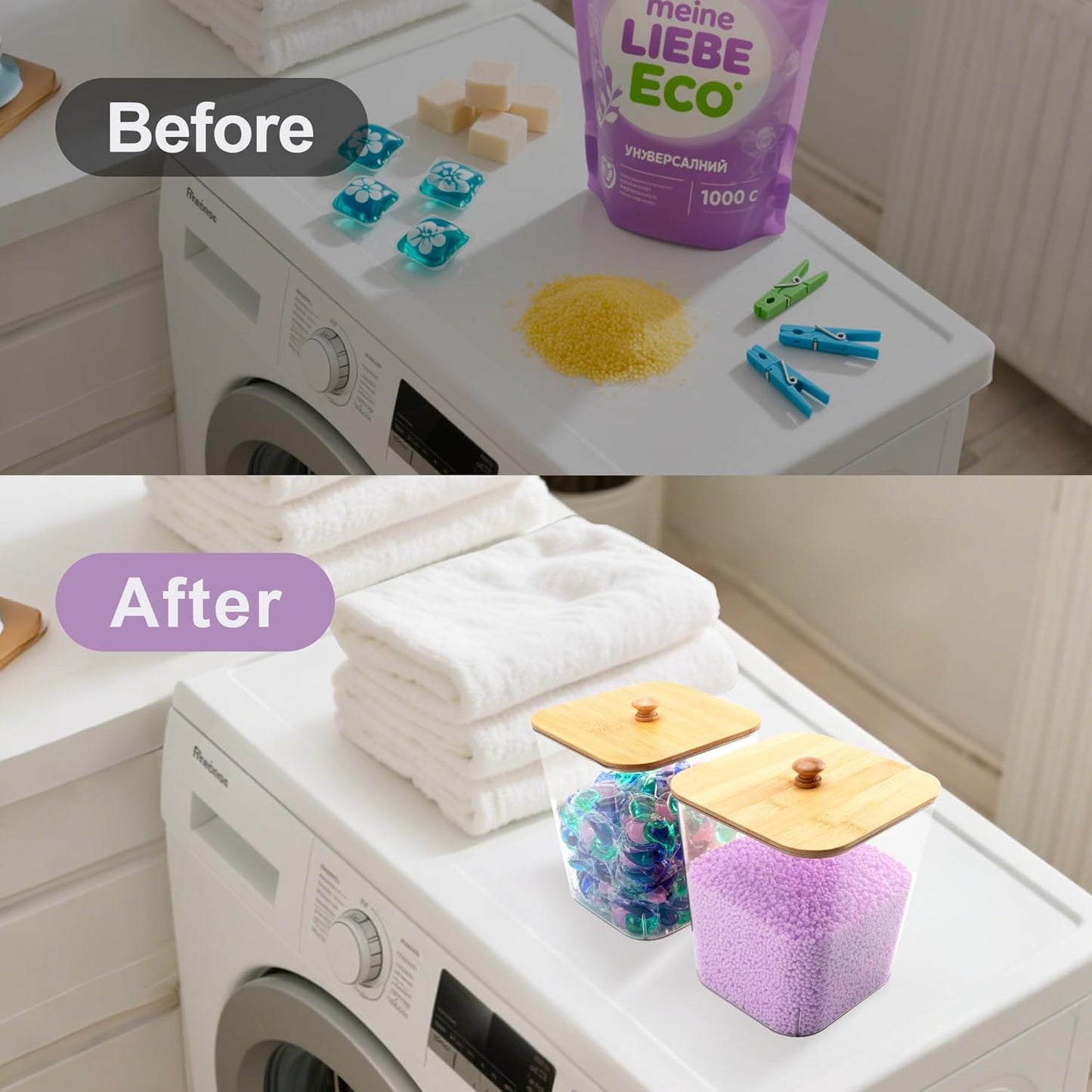 FEXIA 3+2 Pack Laundry Pods Containers and Dryer Sheet Holder with Laundry Detergent Dispenser Laundry Room Organization Storage Containers with Lids and Labels for Scent Booster,Powder,Pods