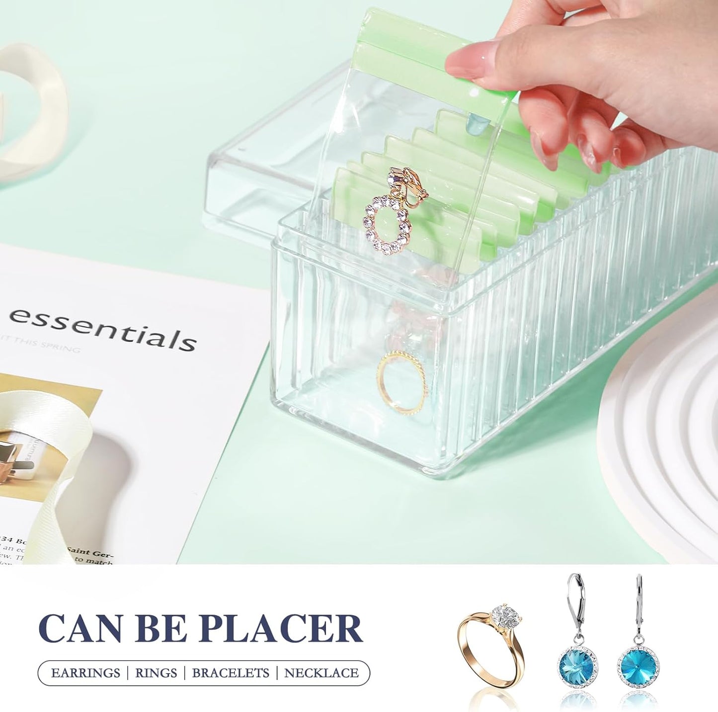 HOMEHIVE Acrylic Jewelry Box Organizer, Clear Jewelry Organizer Holder with 20 Portable Anti Tarnish Jewelry bags, Travel Jewelry Case for Earrings/Rings/Necklaces for Women Girls, Green