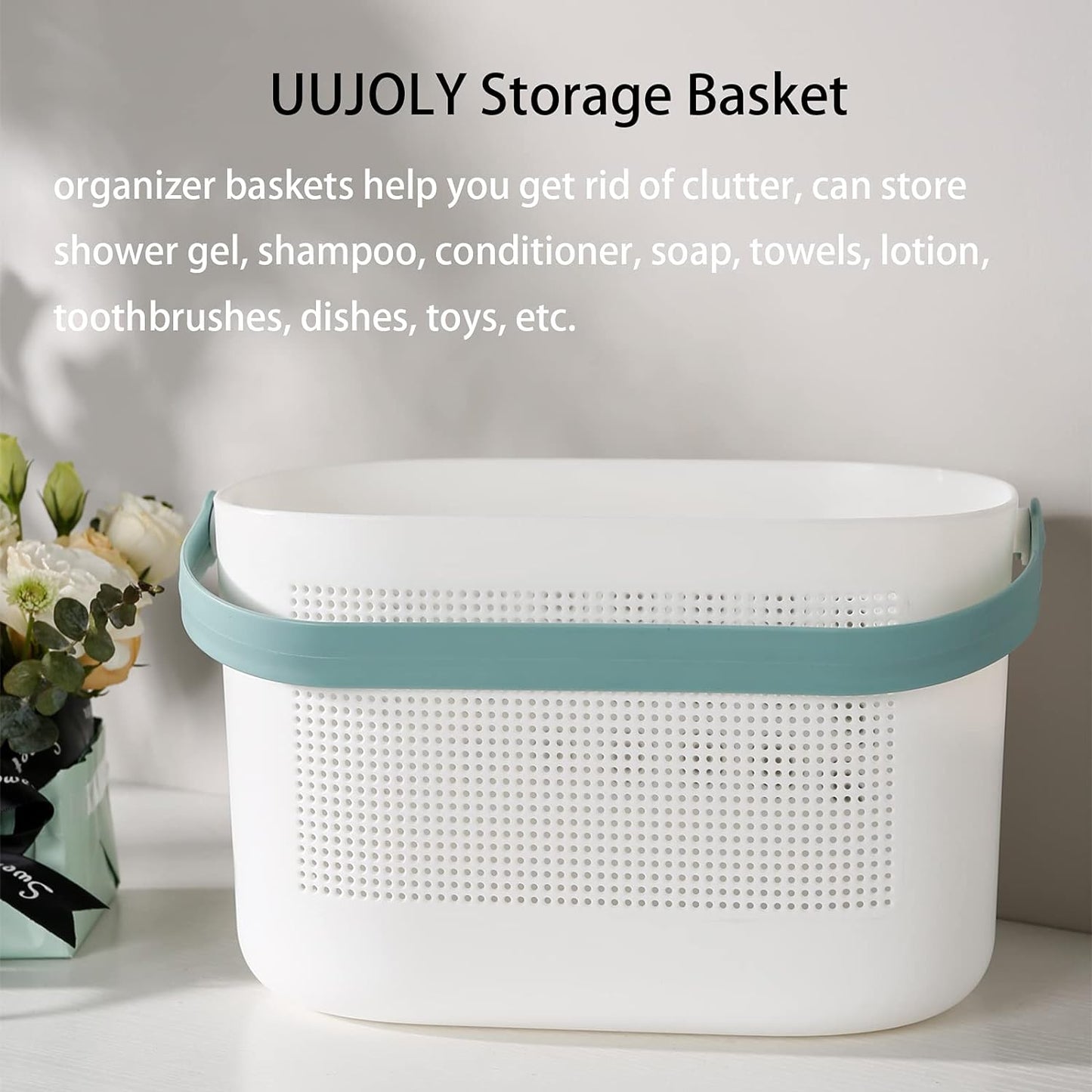 UUJOLY Plastic Storage Baskets with Handles, Shower Caddy Shelf Organizers Basket for Bathroom, Kitchen, Dorm Room, Green