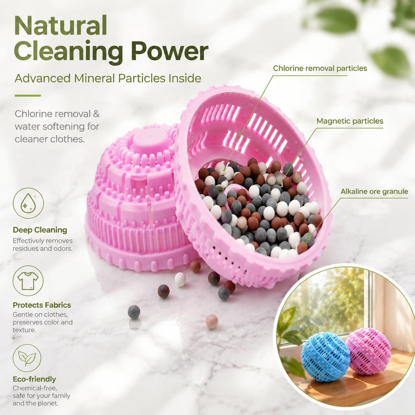 Laundry Balls Set, Eco-Friendly Super Washing Machine Laundry Ball, All Natural Washer Ball Laundry Detergent Alternative, Household Can Be Reused 2000 Washings(2pcs Balls, Pink,Blue)