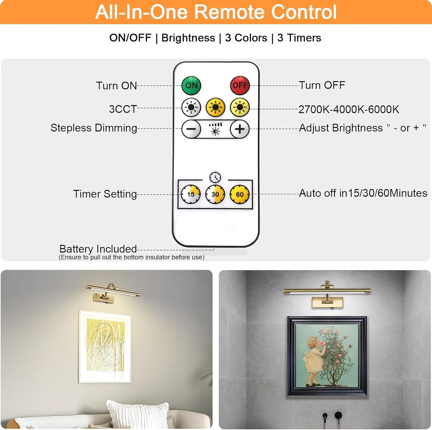 Tassuowell Wireless Picture Lights for Wall Rechargeable, Battery Operated Art Light for Paintings, 3CCT Dimmable, 15.7" Brass Finish with Remote, Rotatable Gallery Light for Pictures Display
