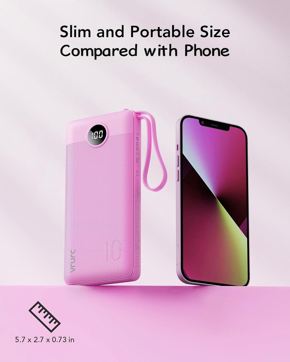 VRURC Portable Charger, Built-in 4 Cables Power Bank 10000mAh, Lightweight USB C Portable Phone Charger, 5 Output 2 Input Compatible with Smart Phones,Samsung,Android etc-Purple(1 Pack)