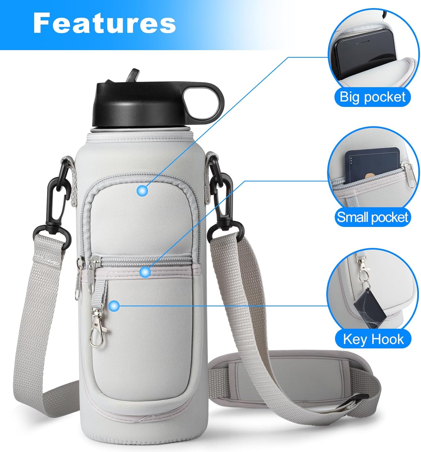 RRegeny Water Bottle Holder with Strap for Hydroflask 32oz 40oz, Carrier Sling Bag with Phone Pocket Water Bottle Sleeve for Men Women Hiking Camping Travelling