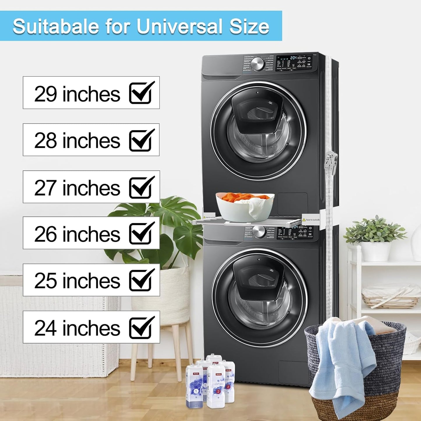 Kiss Core Washer Dryer Stacking Kit 29 inch, Universal Washer and Dryer Stacking Kit with Pull Out Drying Rack, Adjustable 29"/28"/27"/26"/25"/24" Stacking Kit with Ratchet Strap