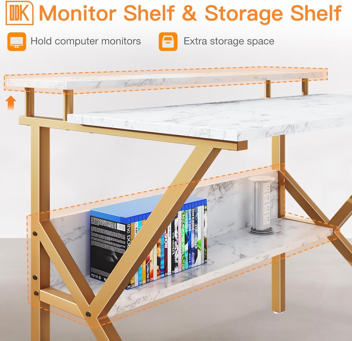 ODK Small Desk, 27.5 Inch Computer Desk for Small Spaces, Study Desk with Storage & Monitor Stand, White Marble + Gold Leg