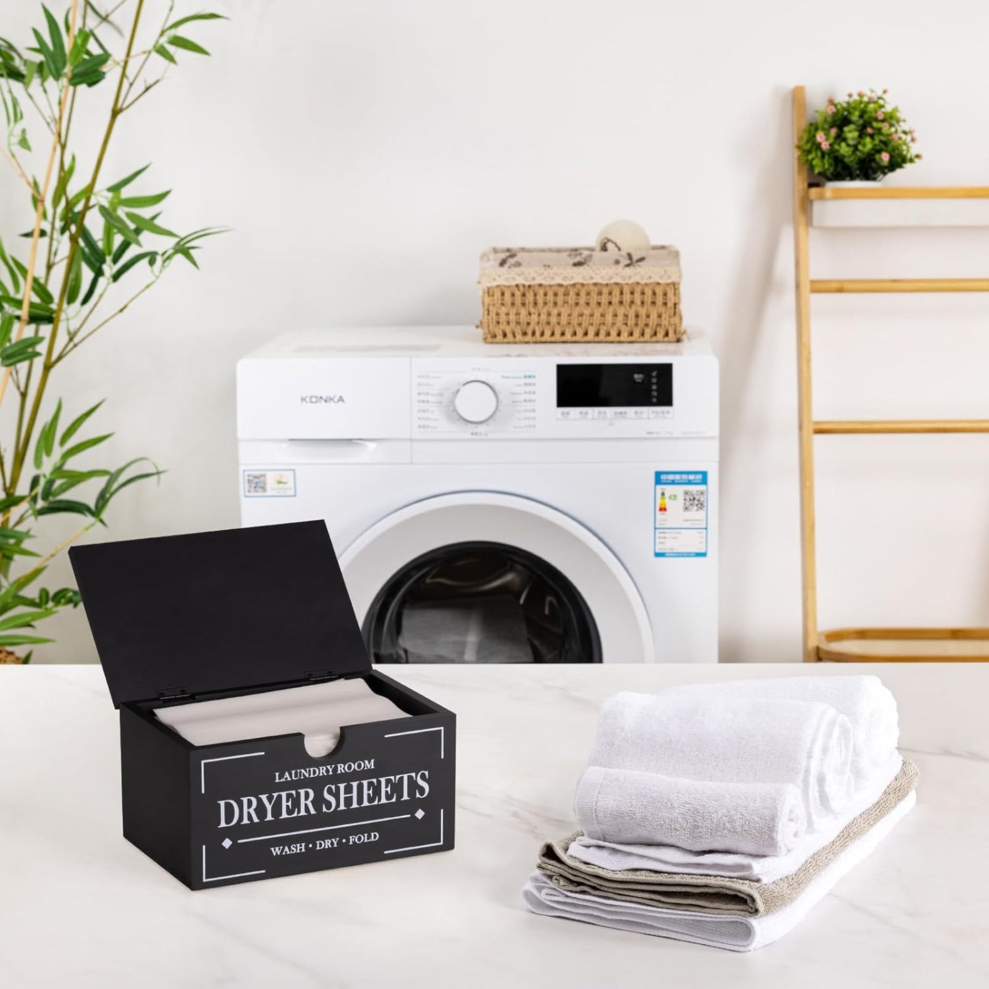 HouseJoy Dryer Sheet Holder-Black Dryer Sheet Container with Lid,Wooden Laundry Room Organization and Storage,Rustic Farmhouse Dryer Sheet Dispenser for Laundry Room Decor,Fabric Softener Containers