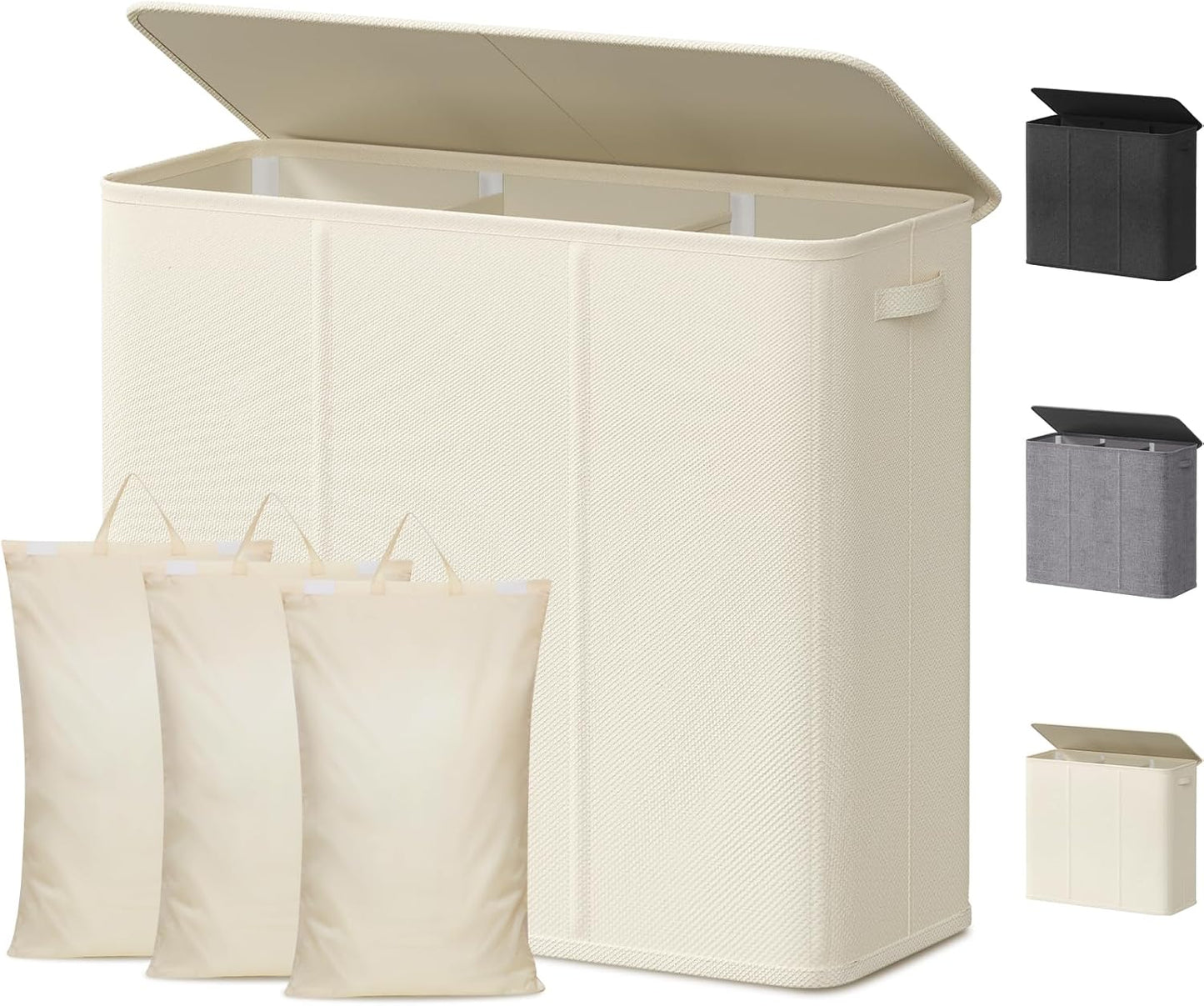 Lifewit Double Laundry Hamper with Lid and Removable Laundry Bags, Large Collapsible 2 Dividers Dirty Clothes Basket with Handles for Bedroom Laundry Room Closet Bathroom College, 136L Beige