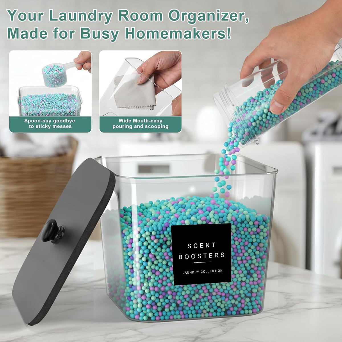 POLRAI 3 Pack Laundry Pod Containers and Dryer Sheet Holder with Bamboo Lids and Labels Laundry Room Organization Containers for Scent Booster Powder Detergent Pods Storage