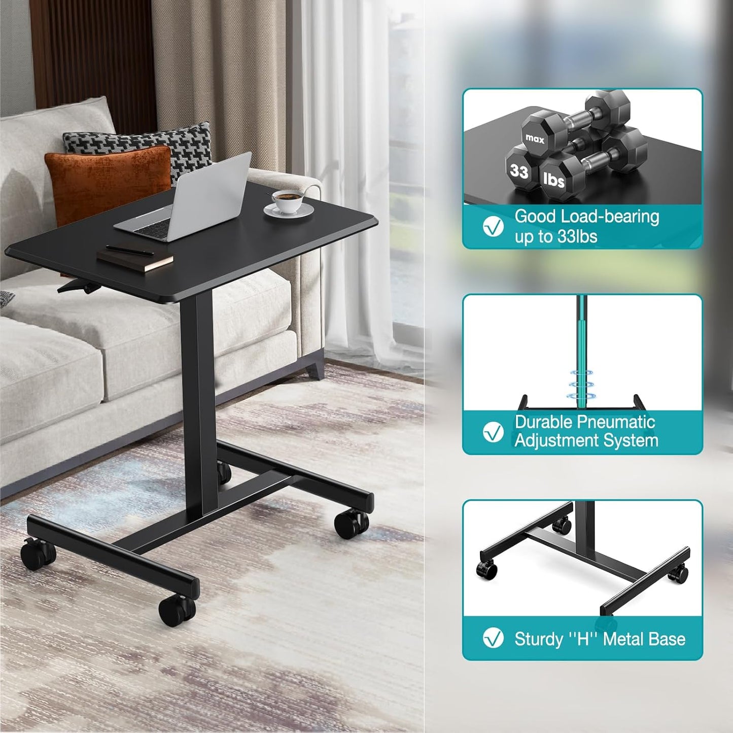 DUMOS Small Standing Desk Mobile Portable Rolling Laptop PC Table on Wheels Adjustable Height Computer Workstation for Home Office, Space Saving Desk for Bedroom Study Use, 19 Inch, Black