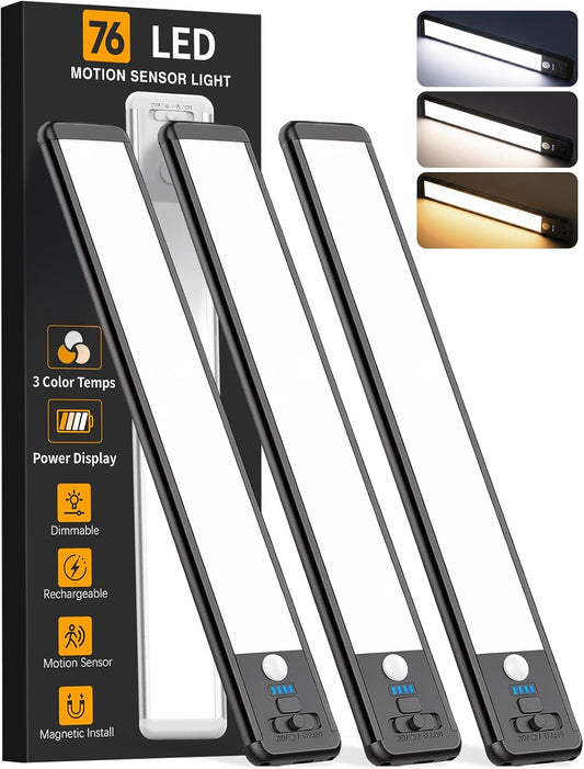 Under Cabinet Lighting Wireless, Rechargeable 10inch Motion Sensor Light Indoor, 3 Color Closet Light Battery Operated with LED Power Display, Magnetic Under Counter Lights for Kitchen (3Pack-Black)