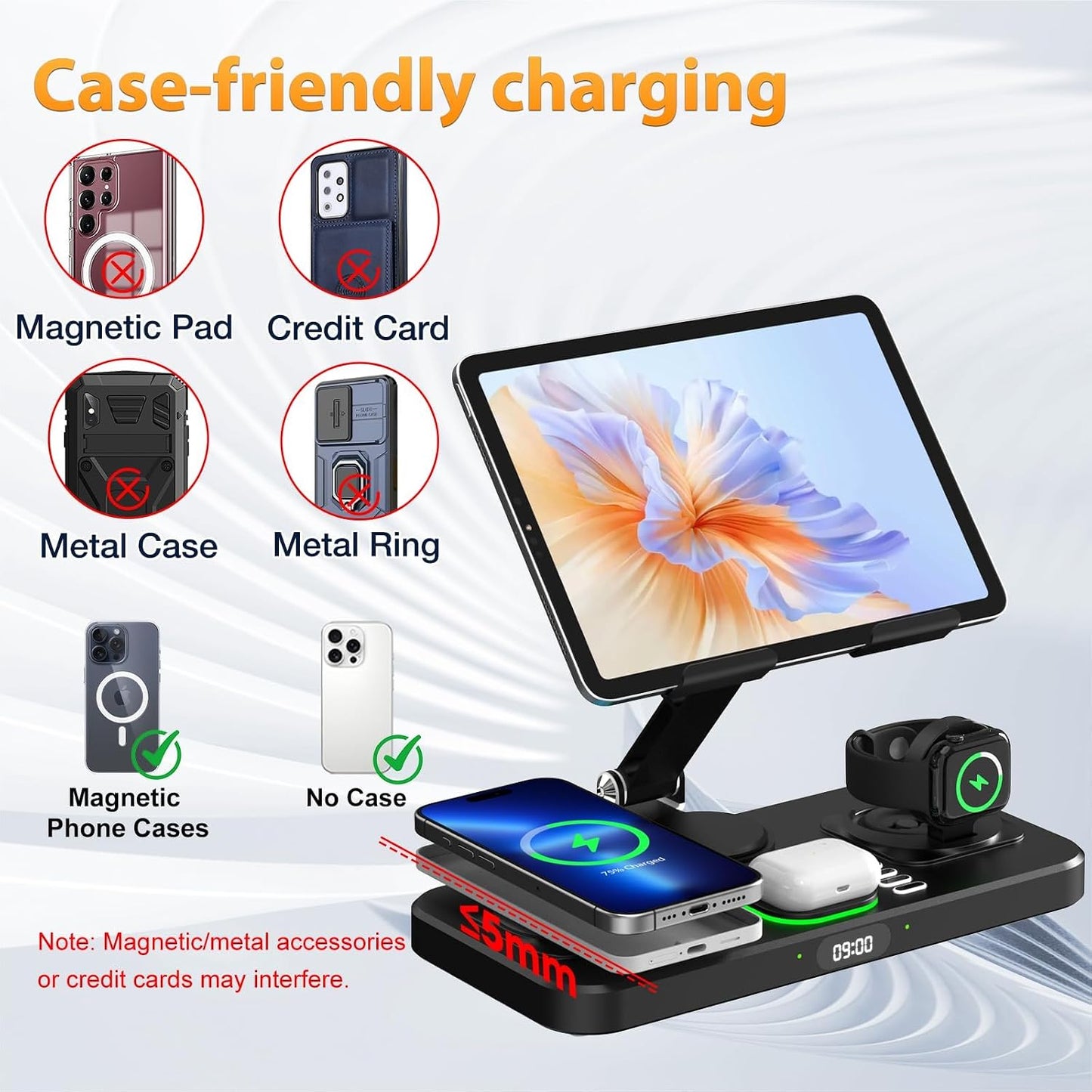 Wireless Charging Station for Apple Devices, Only for Apple Watch Charging | Included Type-C Cable for Tablet Charging, Foldable Wireless Charging Station, 7 Cycling Ambient Lights, Time Clock Display