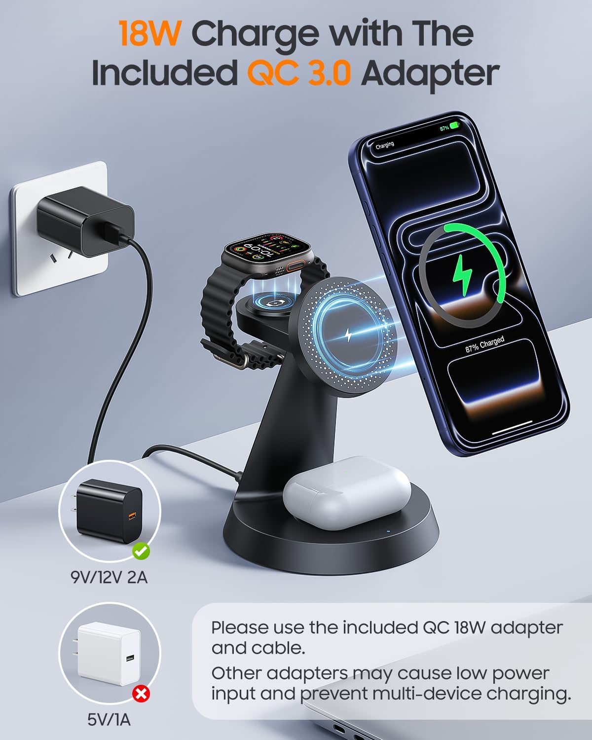 Meifigno 3 in 1 Magnetic 15W Charging Station for Apple Multiple Devices | Wireless Charger Design for MagSafe, for iPhone 17-12 Series, Watch Charger Stand for Apple Watches & Airpods, with Adapter