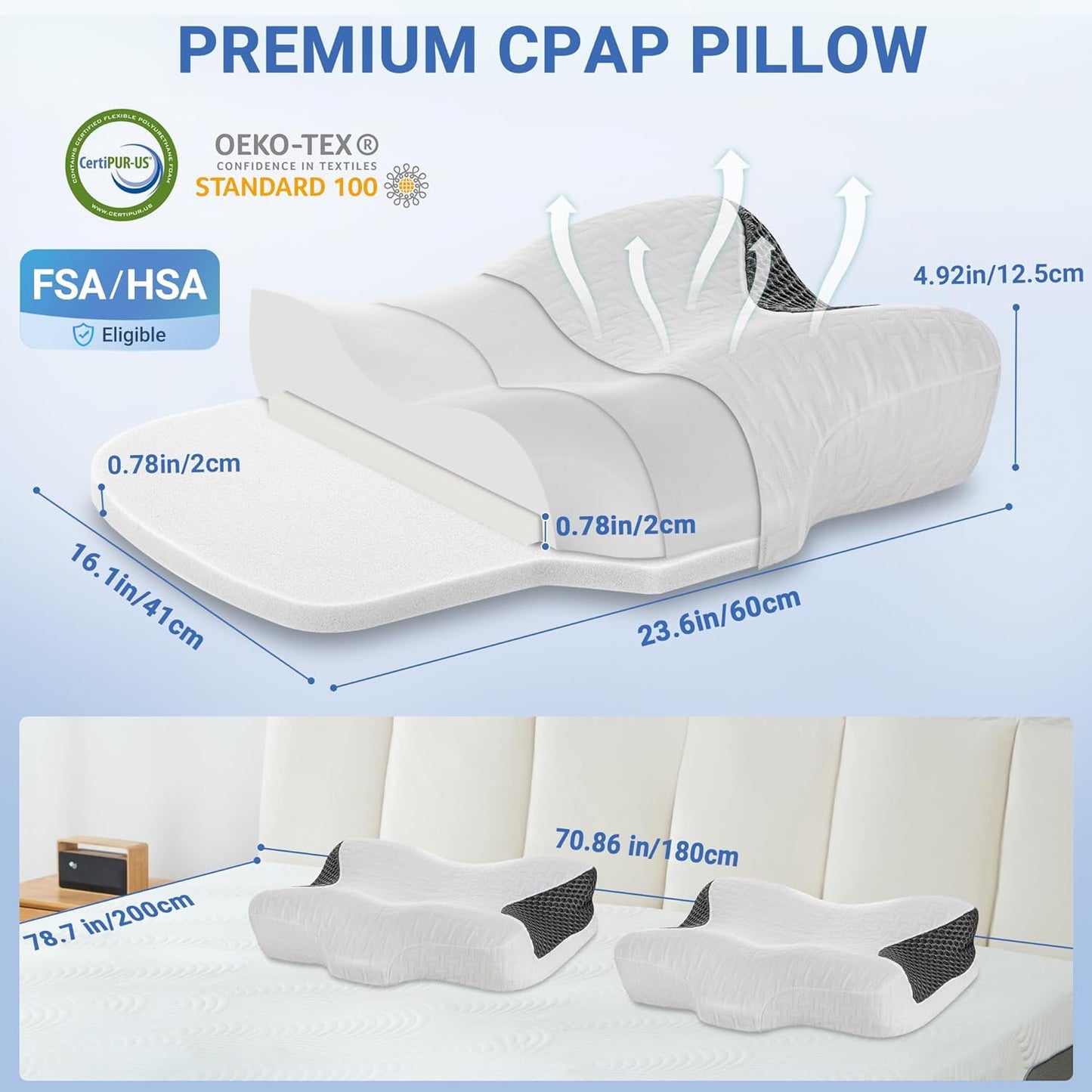 Elviros CPAP Pillow for Sleeping, HSA/FSA Ergonomic Adjustable Height Neck Support Memory Foam Bed Pillow for CPAP Users with Sleep Apnea, Suitable for Side and Back Sleepers