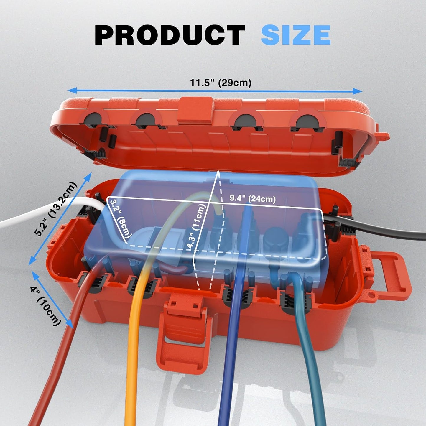 Flemoon Medium Outdoor Electrical Box, IP54 Waterproof Extension Cord Cover | Inner Size 9.4 x 4.3 x 3.2 Inch, 6 Cable Entry Ports, Weatherproof Connection Box for Outlet, Holiday Lights, Red