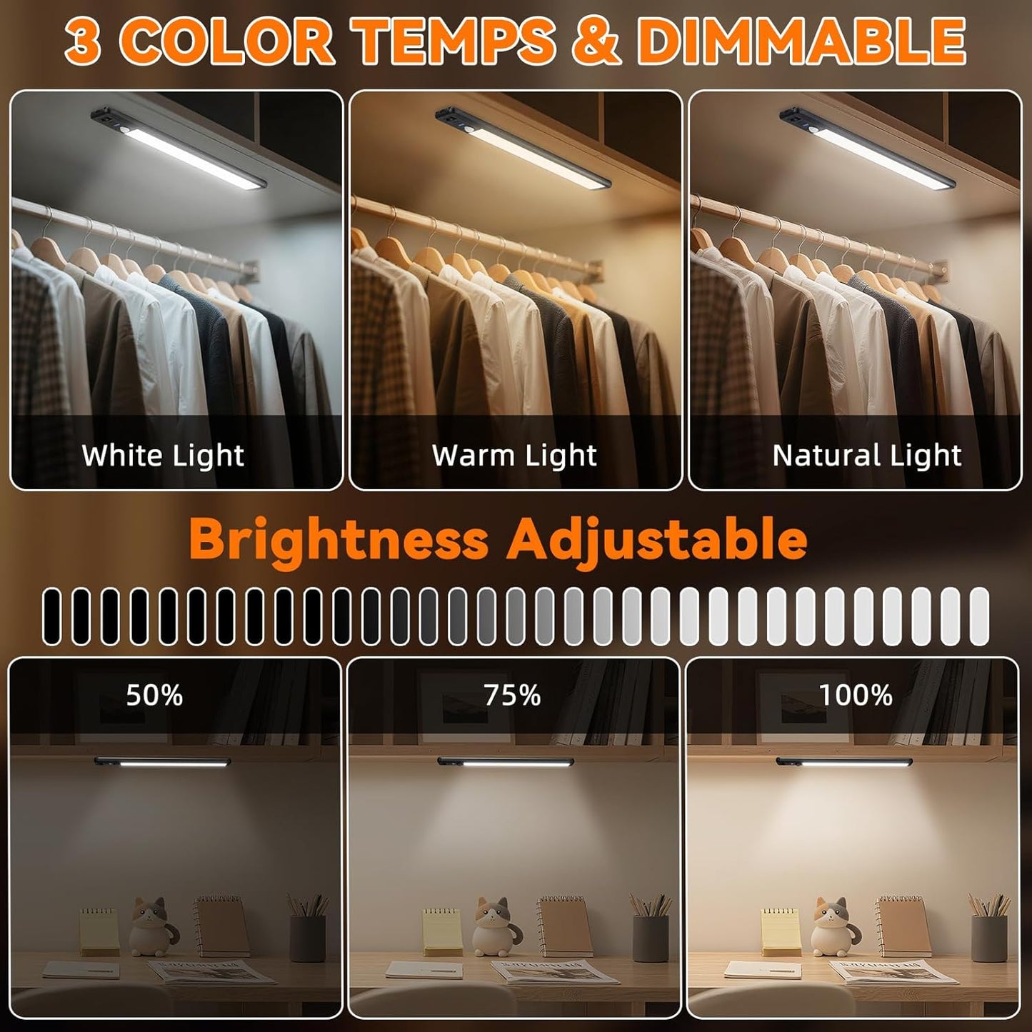 Under Cabinet Lighting Wireless, Rechargeable 10inch Motion Sensor Light Indoor, 3 Color Closet Light Battery Operated with LED Power Display, Magnetic Under Counter Lights for Kitchen (3Pack-Black)