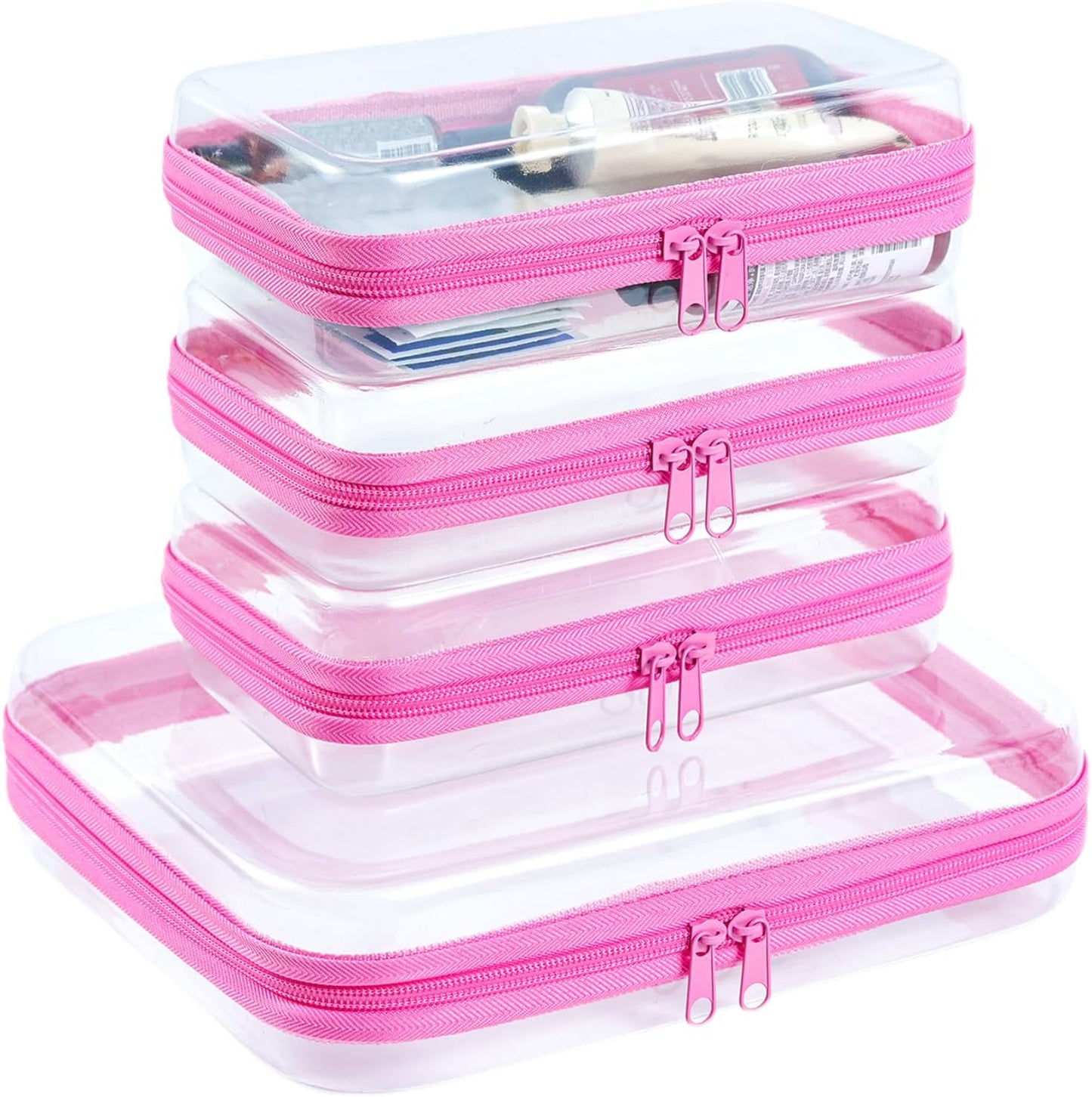 4 pcs Clear Zipper Pouches,Hard Shell Zipper Case, Toiletry Bag for Travel, CLear Diaper Bag, Toiletry Pouch, Travel Organizer, Cosmetic Bag,Toy Storage Bins (M+3S)(Ivory)