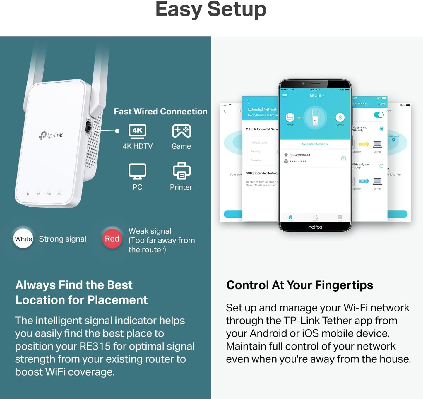 TP-Link AC1200 WiFi Extender - 1.2Gbps Home Signal Booster, Dual Band 5GHz/2.4GHz, Up to 1600 Sq.ft and 32 Devices, EasyMesh Compatible, One Ethernet Port (RE315)