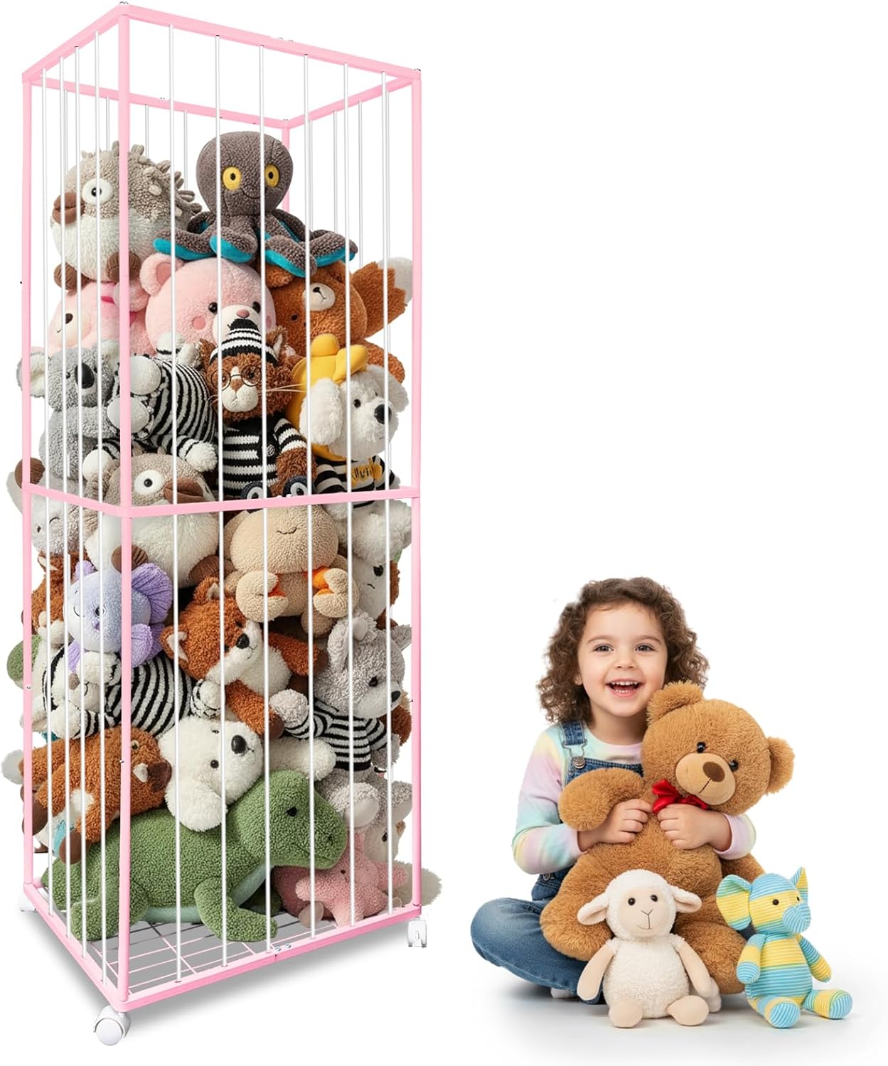 Stuffed Animal Storage, Metal Tube Extra Large Toy Storage Organizer with Brake Wheels, Stuffed Animal Holder Zoo Organizer for Nursery Playroom Kids Room Pink(61” x 23.6”x 16.5”)