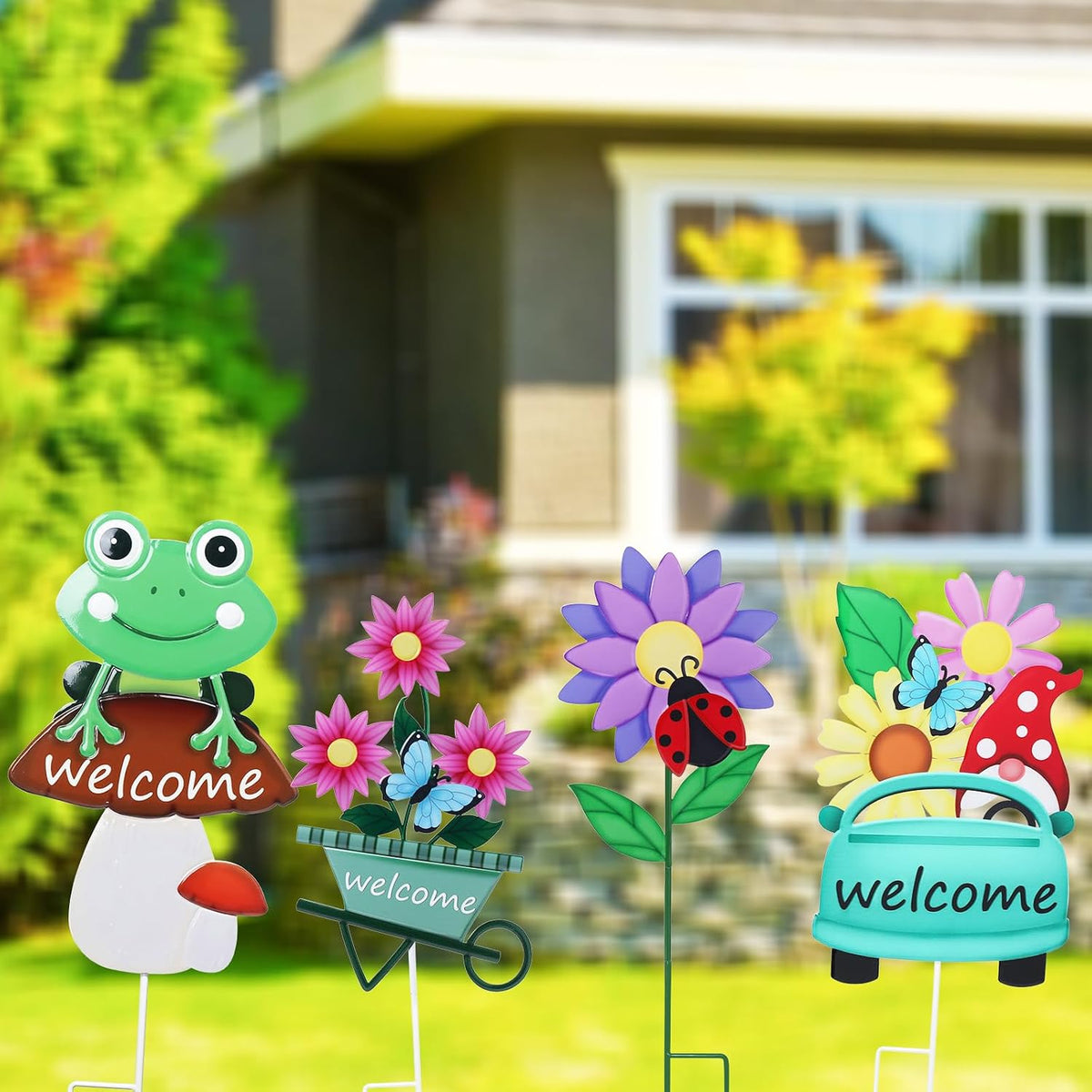 WONDER GARDEN Outdoor Garden Stakes Welcome Decor, 4Pcs Flower Yard Signs