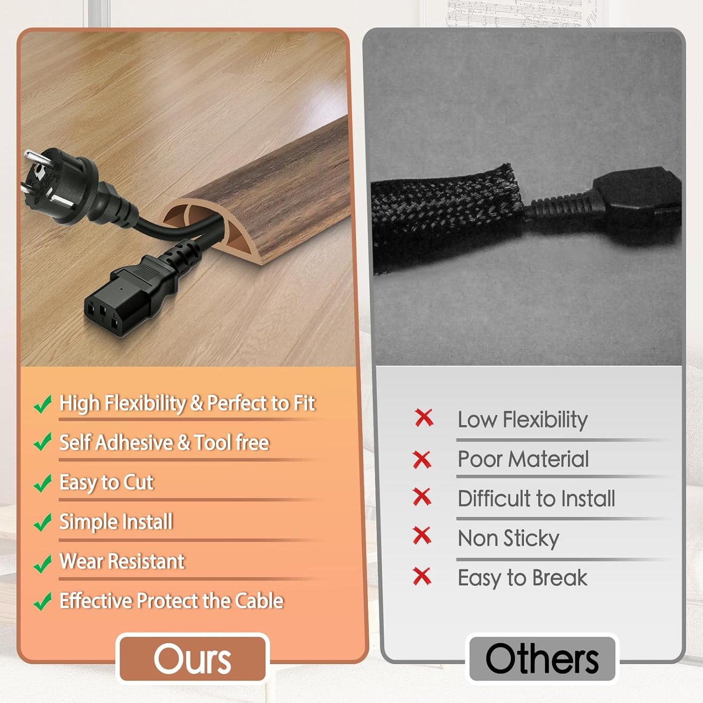 Floor Cord Cover for Wires on Floor Self Adhesive Cord Hider | Floor Cable Cover Floor Wire Covers for Cords Prevent Cable Trips, Cord Cavity W 0.47" x H 0.27", Misty Brown Wood, 10Ft